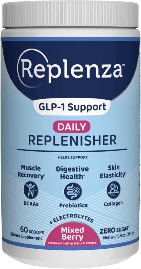 Replenza Daily Replenisher GLP-1 Soutien nutritionnel, poudre, rétablissement musculaire, santé digestive et l'élasticité de la peau mélange d'acides aminés, prébiotiques et peptides de collagène – Berry Flavor, 60 Scoops, 13,5 OZ