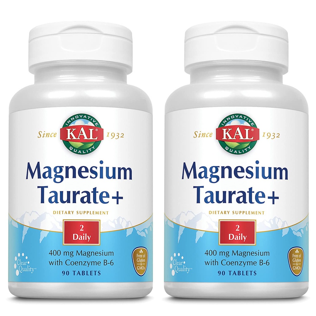 KAL Magnésium Taurate Plus 400mg w/Coenzyme B6..Très biodisponible, Chélaté, Végétalien pour la Nerve normale, la fonction musculaire et la santé cardiaque. 90 Tabs.