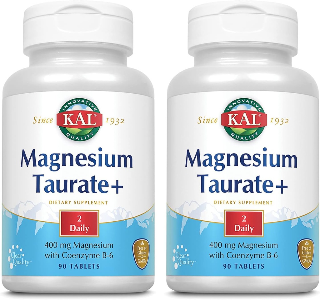 KAL Magnésium Taurate Plus 400mg w/Coenzyme B6..Très biodisponible, Chélaté, Végétalien pour la Nerve normale, la fonction musculaire et la santé cardiaque. 90 Tabs.