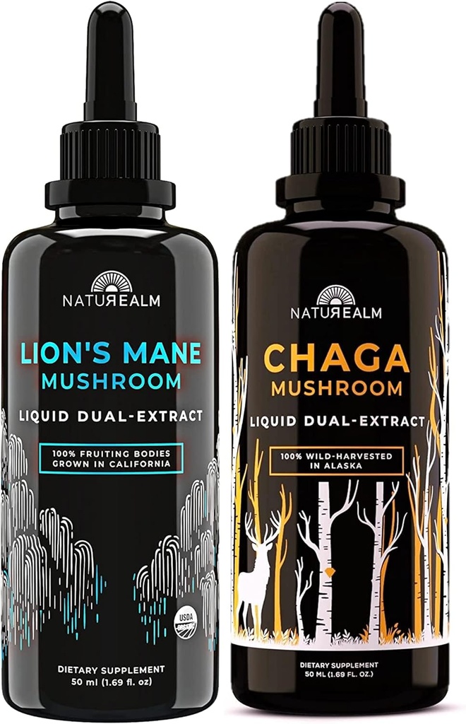 Naturealm Mane & Chaga Extrait de champignons - Stack Adaptogène pour Focus, Immunité, Longévité, Stress Relief, Santé Gut, Anti-Age, Énergie et plus - Gouttes liquides organiques - 50 mL Chaque (2 paquets)