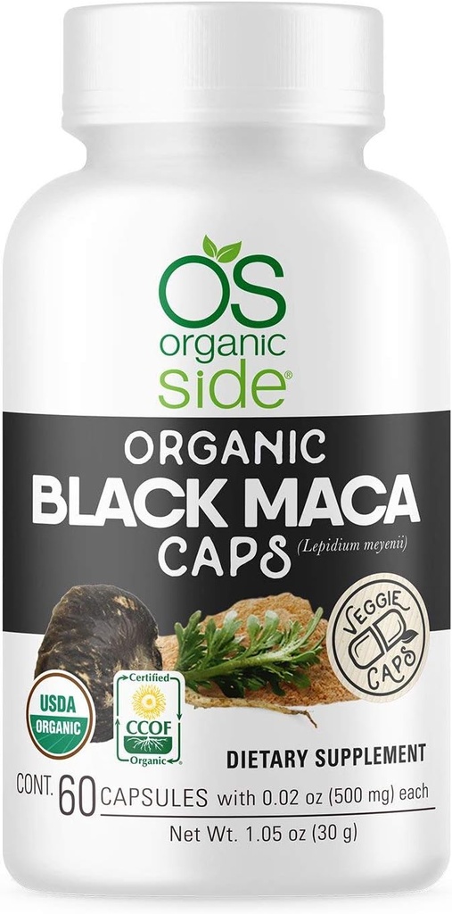 Organic Black Maca 60 Capsules de supplément naturel avec la poudre de racine de Maca noir. Capsules à base végétale pour l'énergie, la vitalité et l'équilibre hormonal