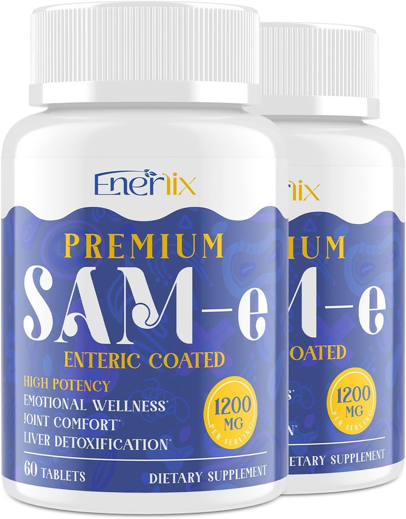 1200 MG SAM e Supplément pour le cerveau, l'humeur, les articulations et le foie, haute absorption SAM-e (S-Adénosyl-L-Méthionine) avec CoQ10, 5-HTP, enrobé entérique 120 comprimés, végétalien