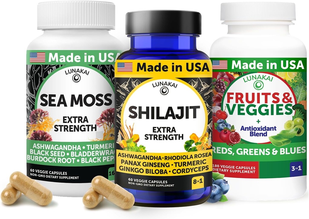 Lunakai États-Unis fait 3-en-1 supplément Capsule Pack – Shilajit, Irish Sea Moss & Superfood Fruits et légumes