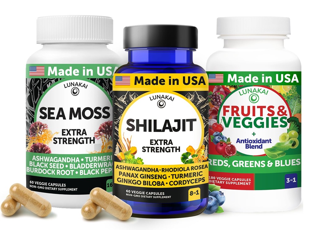 Lunakai États-Unis fait 3-en-1 supplément Capsule Pack – Shilajit, Irish Sea Moss & Superfood Fruits et légumes