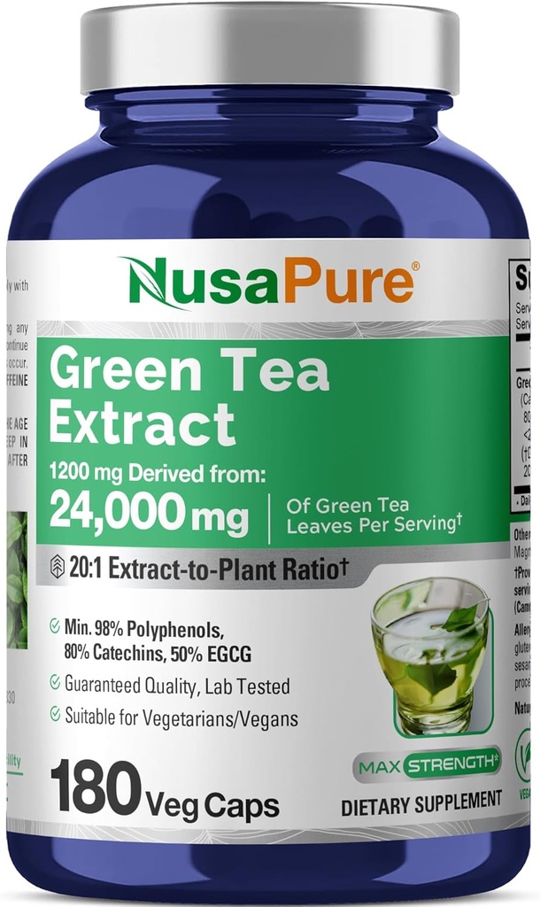NusaPure Green Tea 20:1 Extrait, 1200 mg Équivalent à 24000mg, 180 Capsules Vegan, 50% EGCG, 98% Polyphénols, 80% Catéchines