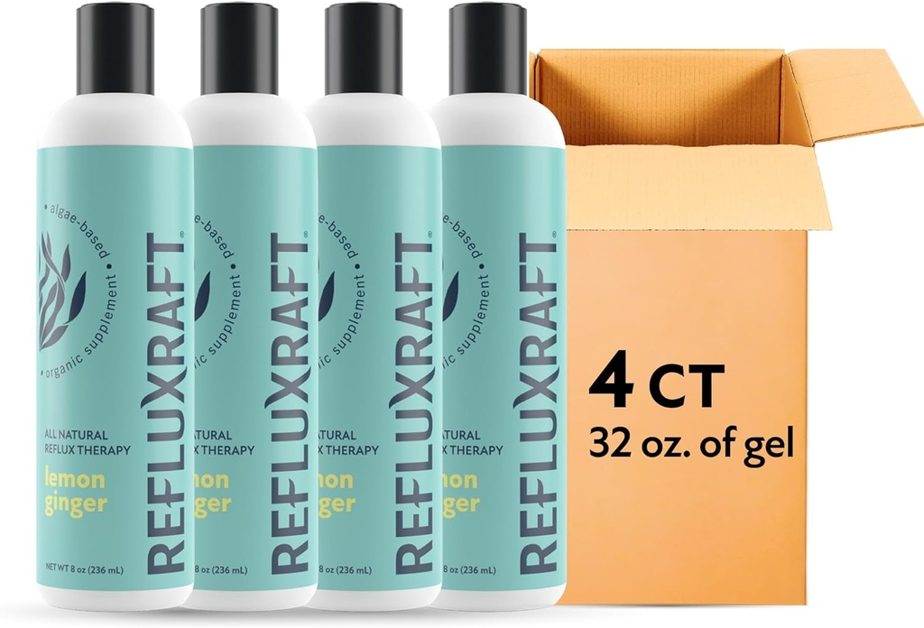 Thérapie de reflux acide, Alginate organique, Gerde rapide et longue durée, LPR & support des symptômes de digestion, Zéro sucre, sans gluten, faible sodium, Ginger citron, 47 portions de gel par 8 OZ bouteille, 4 pack