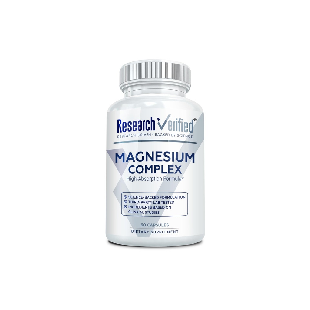 Recherche Complexe Magnésium Vérifié - Soutien Cerveau, Muscle et Nerve - Magnésium Bisglycinate, Malate, Citrate et Oxyde - Biopérine - Vegan - 60 Capsules - Pack de 1