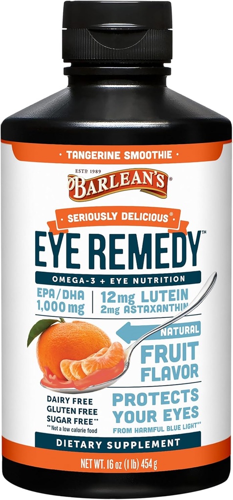 Barlean's Eye Remedy Supplément, Tangerine Aromatisé Huile de poisson liquide avec Lutéine, Astaxanthin et Zeaxanthin, 1000mg Omega 3 EPA DHA, Suppléments pour soins oculaires, 16 oz