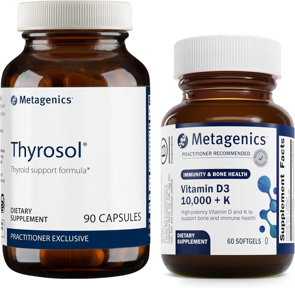 Métagène - Thyrosol et D3 10 000 + K - 90 Compte de Thyrosol pour la santé thyroïde - 60 Softgels de D3 10 000 + K pour le soutien immunitaire, la santé osseuse et la santé cardiaque