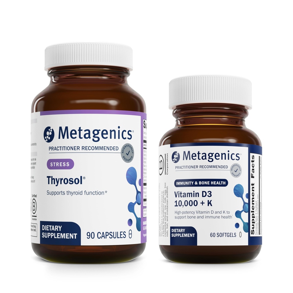 Métagène - Thyrosol et D3 10 000 + K - 90 Compte de Thyrosol pour la santé thyroïde - 60 Softgels de D3 10 000 + K pour le soutien immunitaire, la santé osseuse et la santé cardiaque