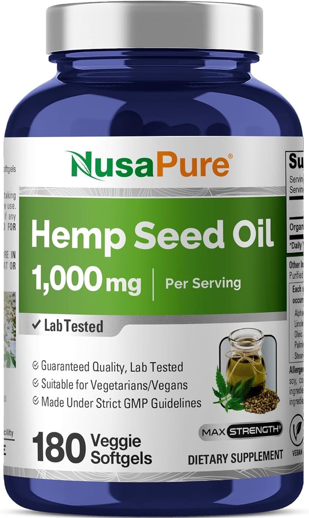 Huile de chanvre NusaPure 1000mg par portion, 180 softgels de légumes, non-OGM, végétalien