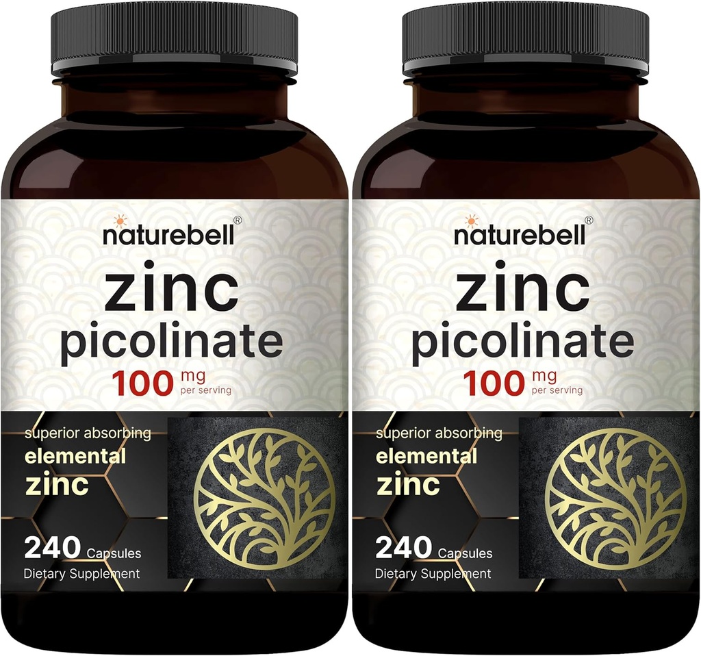 2 packs Zinc 100mg, supplément de picolinate de zinc, 480 capsules, vitamine de zinc et vitamines immunitaires pour la fonction enzymatique et le soutien immunitaire, non-OGM et fabriqués aux États-Unis