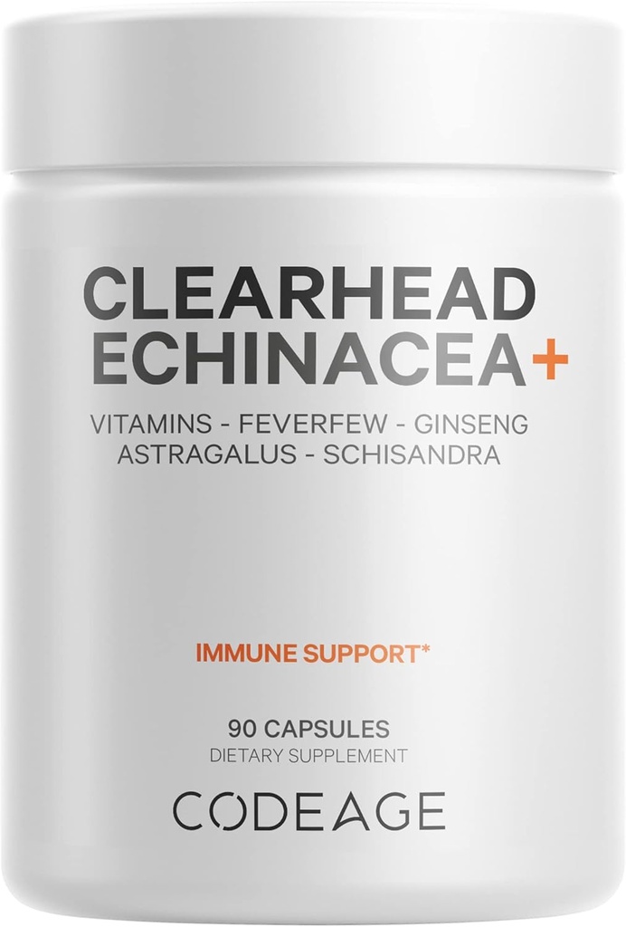 Codeage Clearhead Echinacea+ Supplément - Echinacea, Schisandra, Feverfew, Coptis, Ginseng américain, Astragalus, Ail, Probiotiques, Vitamines C et D3, Zinc, Sélénium - Vitamine à tête claire - 90 Capsules