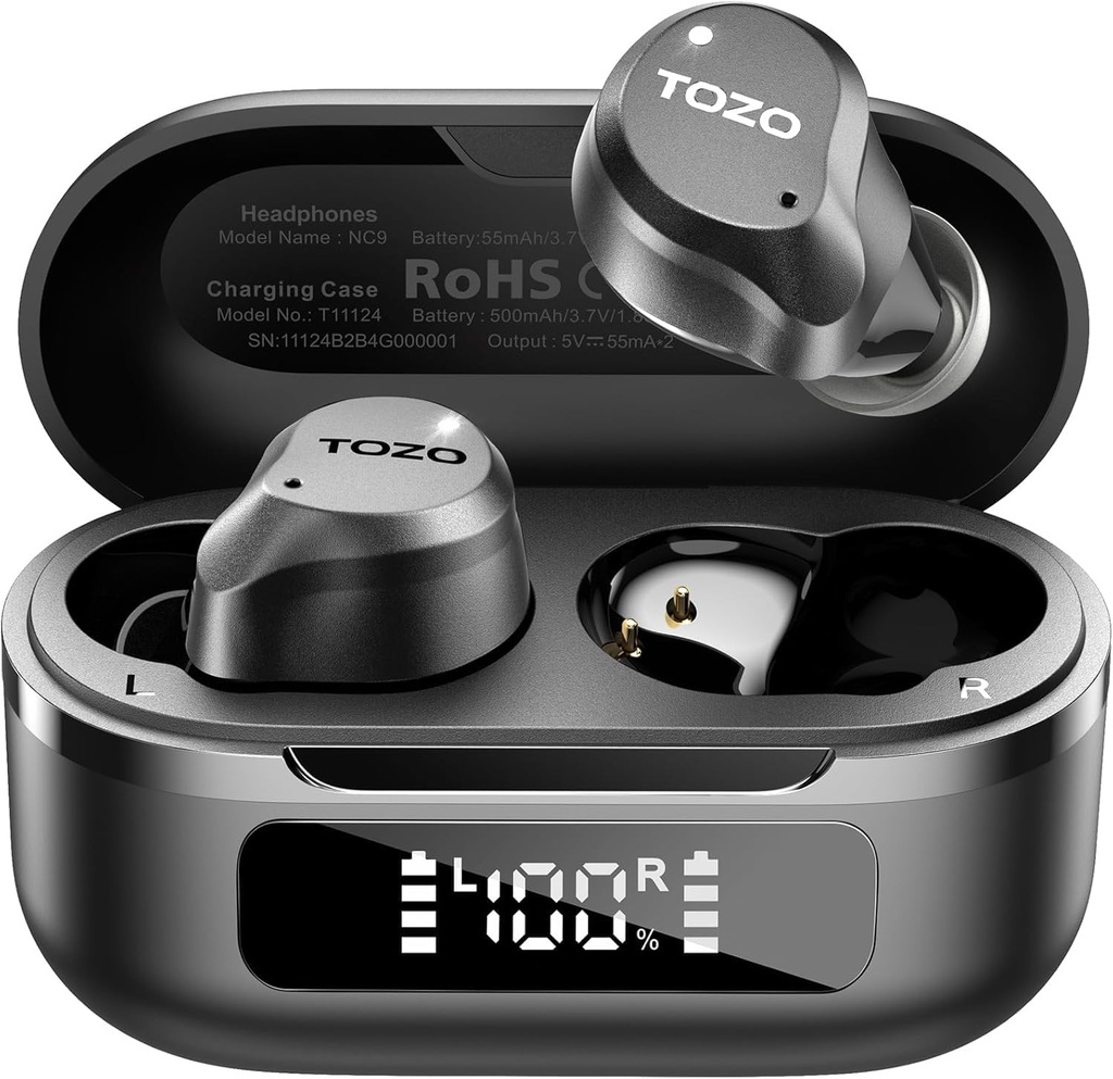 TOZO NC9 Hybrid Active Bruit Canceling Wireless Earbuds, 6 Mics ENC Clear Call, IPX8 Waterproof, en oreille Bluetooth 5.3 Casques Stéréo Basse Ear Buds 59H Temps de jeu avec affichage LED 32 EQs via APP