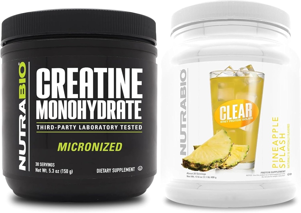 NutraBio Créatine Monohydrate, non aromatisé, (150 g) et Isolate de protéines de lactosérum clair, (Pineapple Splash) Ensemble supplémentaire – Énergie musculaire, croissance maximale, récupération et force