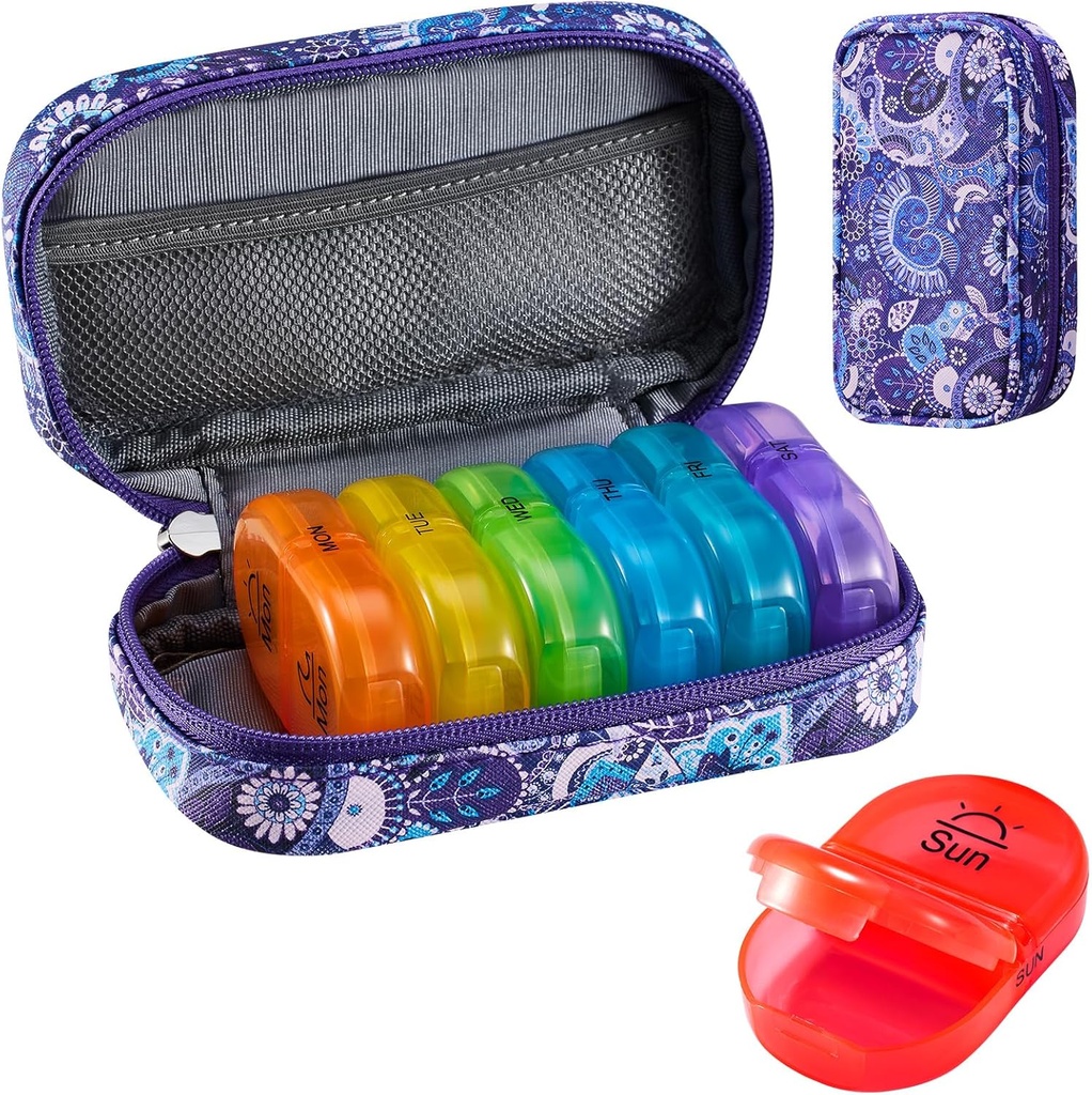 Serfeymi Weekly Pill Organizer 2 fois par jour AM PM Upgraded Rainbow Pill Box 7 Day with Portable Zipper Pill Case en cuir PU, Organisateur de médecine pour les pilules, les vitamines, les huiles de poisson - Purple-01