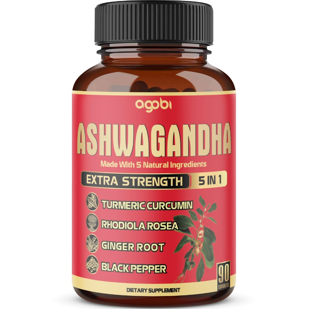 90 Capsules - Capsules de supplément Ashwagandha - Ginger Root, Turmeric, Rhodiola Rosea & Black Pepper