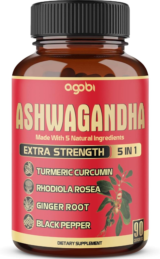 90 Capsules - Capsules de supplément Ashwagandha - Ginger Root, Turmeric, Rhodiola Rosea & Black Pepper