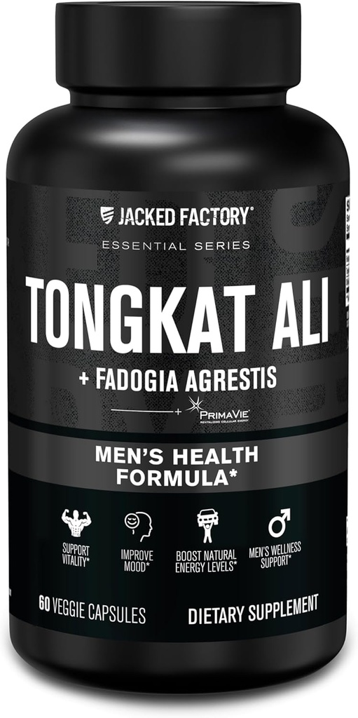 Jacked Factory Indonésien Tongkat Ali + Fadogia Agrestis - 200:1 Extrait Longjack Tongkat Ali pour hommes avec Fadogia Agrestis 600mg & Primavie Shilajit pour soutenir la vitalité, l'énergie, et l'humeur - 60 capsules