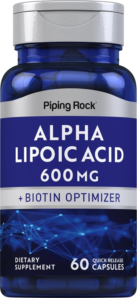 Piping Rock Alpha Lipoic Acid 600mg | ALA with Biotin Optimizer | 60 Capsules | Non-GMO, Gluten Free Supplement