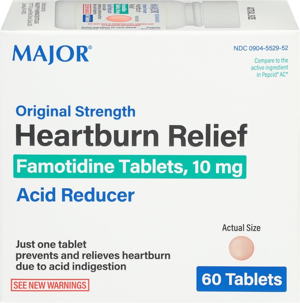 Major Initial Strength Heartburn Relief - Comprimés de famotidine, 10 mg - Réducteur acide - 60 Comprimés
