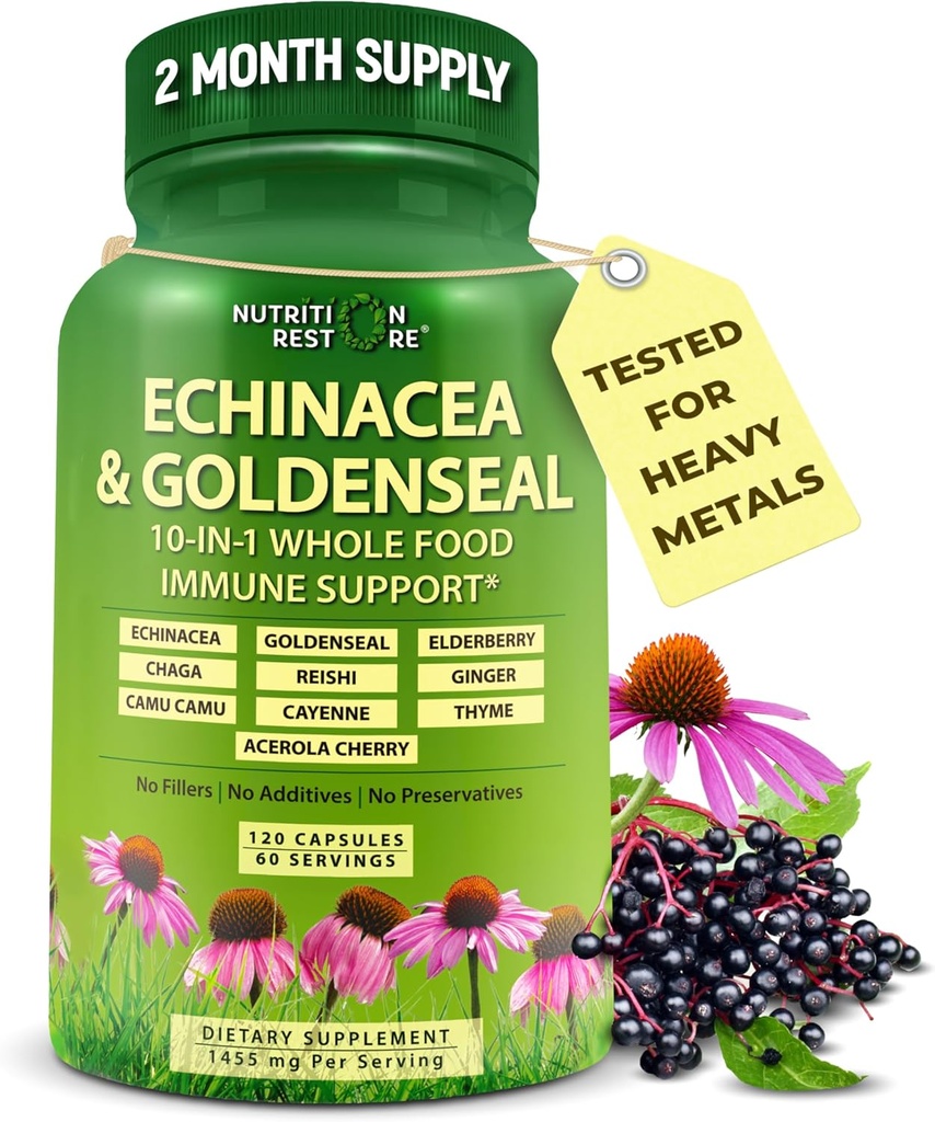 Echinacea Capsules de seaux d'or - Supplément de soutien immunitaire de 10 en 1 - 1455mg - Supplément de capsules d'echinacea végétaliens fabriqués avec des aliments entiers biologiques - Soutien du système immunitaire à base de plantes - 2 mois d'approvisionnement