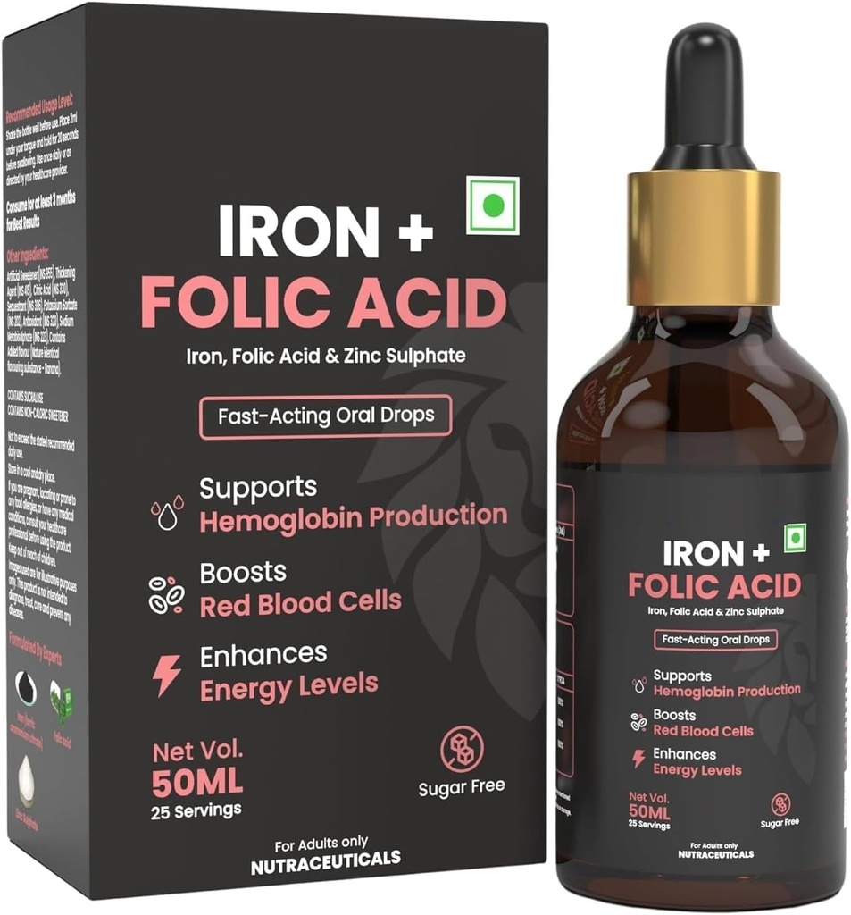 DURJA Iron + gouttes d'acide folique (DURJA) Supplément en fer liquide à action rapide pour les femmes et les hommes avec Zinc (Hémoglobine Booster & Blood Builder)