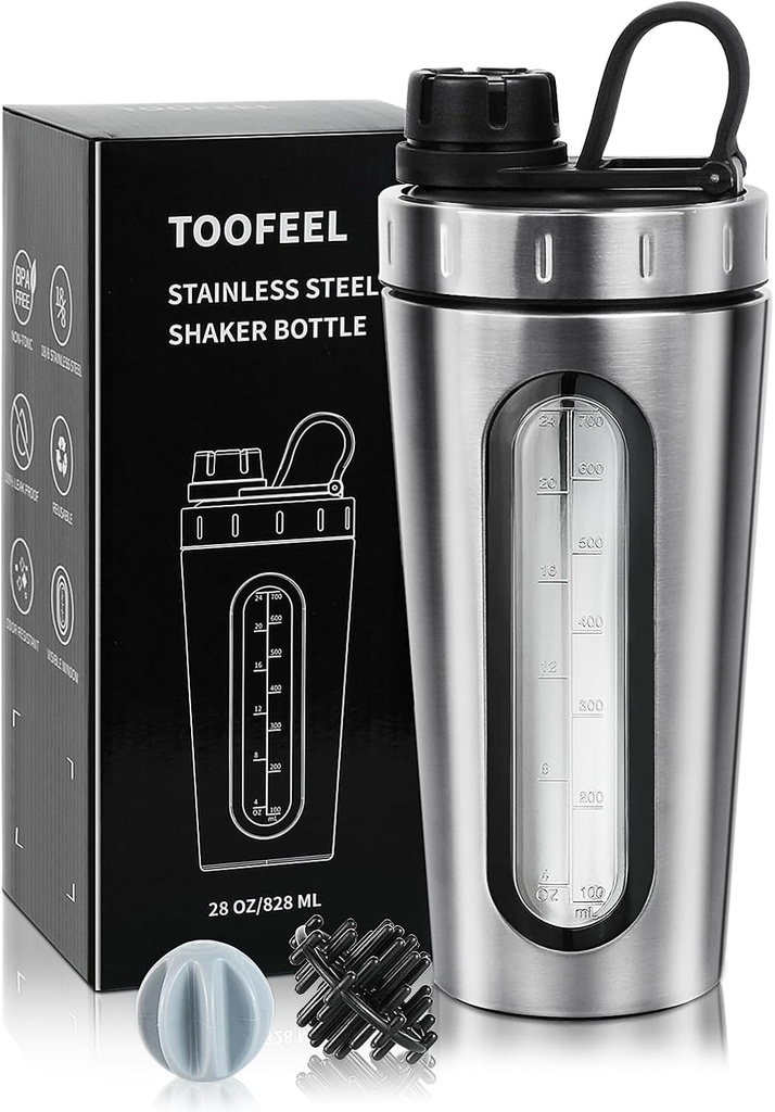 Bouteilles de shaker TOOFEEL pour mélange de protéines 28 oz en acier inoxydable Agitateur de protéines avec 2 boules de mélange, ne reste pas froid / chaud, Fenêtre visible coupes de shaker en métal, étanche, sans BPA