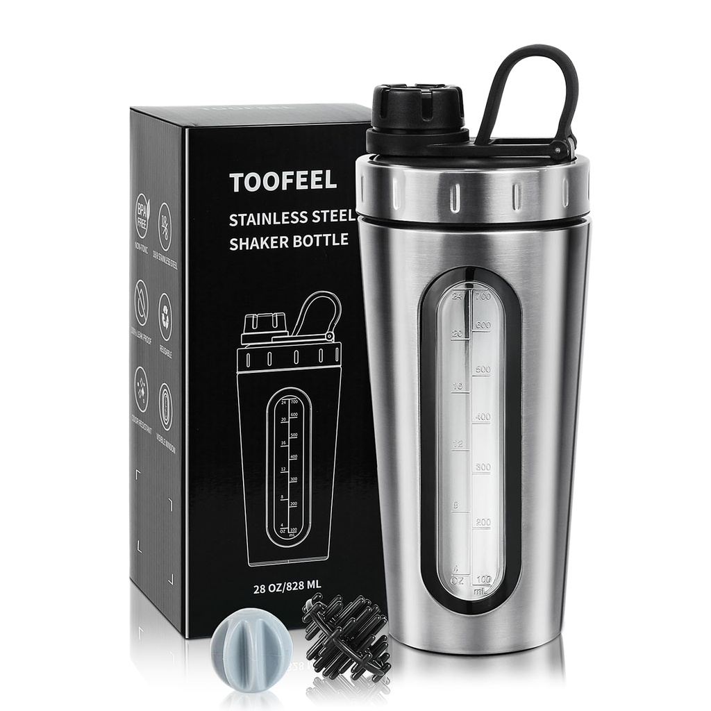 Bouteilles de shaker TOOFEEL pour mélange de protéines 28 oz en acier inoxydable Agitateur de protéines avec 2 boules de mélange, ne reste pas froid / chaud, Fenêtre visible coupes de shaker en métal, étanche, sans BPA