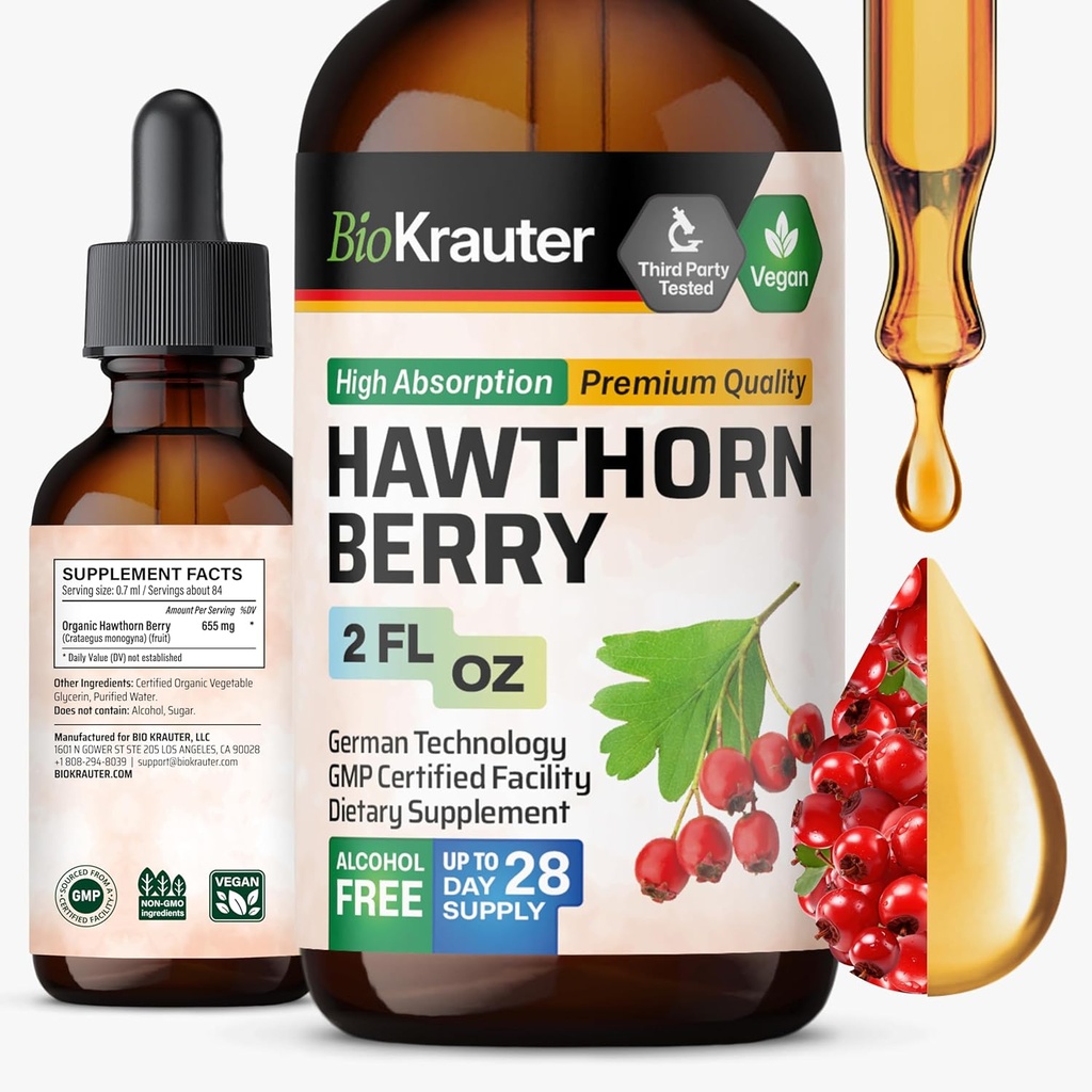 BIO KRAUTER® Hawthorne Berry Supplément - Pure Vegan Hawthorn Berry gouttes liquides 655 mg par portion 2 Fl.Oz 28 jours d'approvisionnement - Utilisé pour le soutien global et le bien-être quotidien - Sans alcool et sans sucre