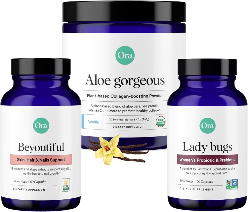 Ora Organic Vegan Collagen, Probiotiques, Prébiotiques et BeYouTiful Bundle: Aloe Vera - Vanilla Flavor, 20 portions + 60 capsules probiotiques végétaliennes + cheveux, peau et ongles support, 60 capsules végétaliennes