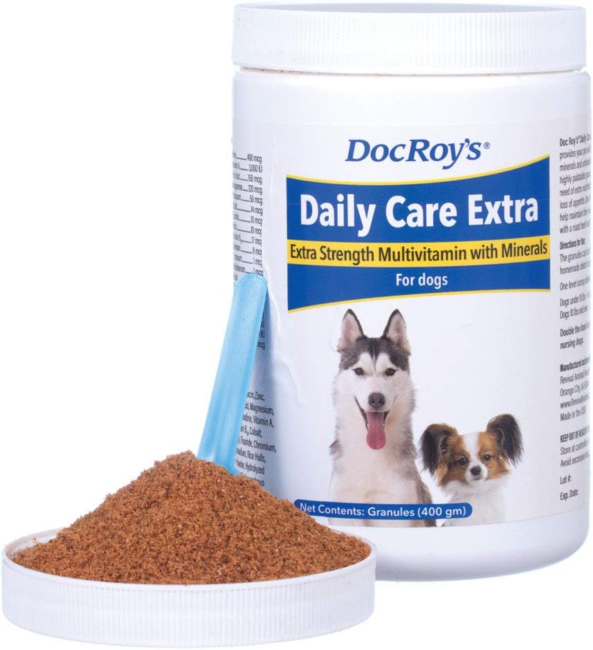Doc Roy's Daily Care Extra, Multivitamine avancée pour chiens, soutient l'énergie, l'immunité, le muscle, les os et la santé du cerveau, fournit des vitamines A C Complexe D3 E B, Fer Zinc Magnésium Iodine, Fabriqué aux États-Unis 400 gm