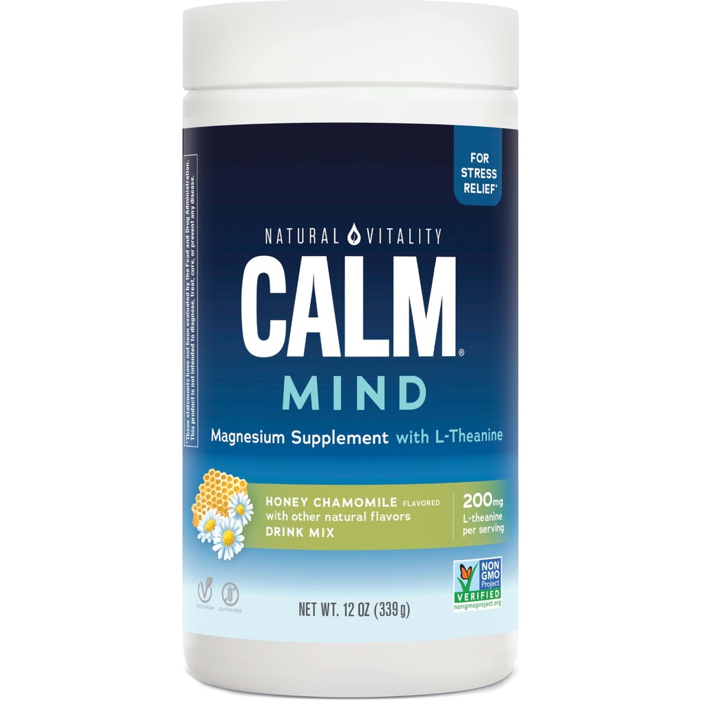 Vitalité naturelle Esprit calme, Citrate de magnésium + Poudre de L-Theanine, Soutient une réponse saine au stress, sans gluten et végétarien, Camomille au miel, 12 oz.