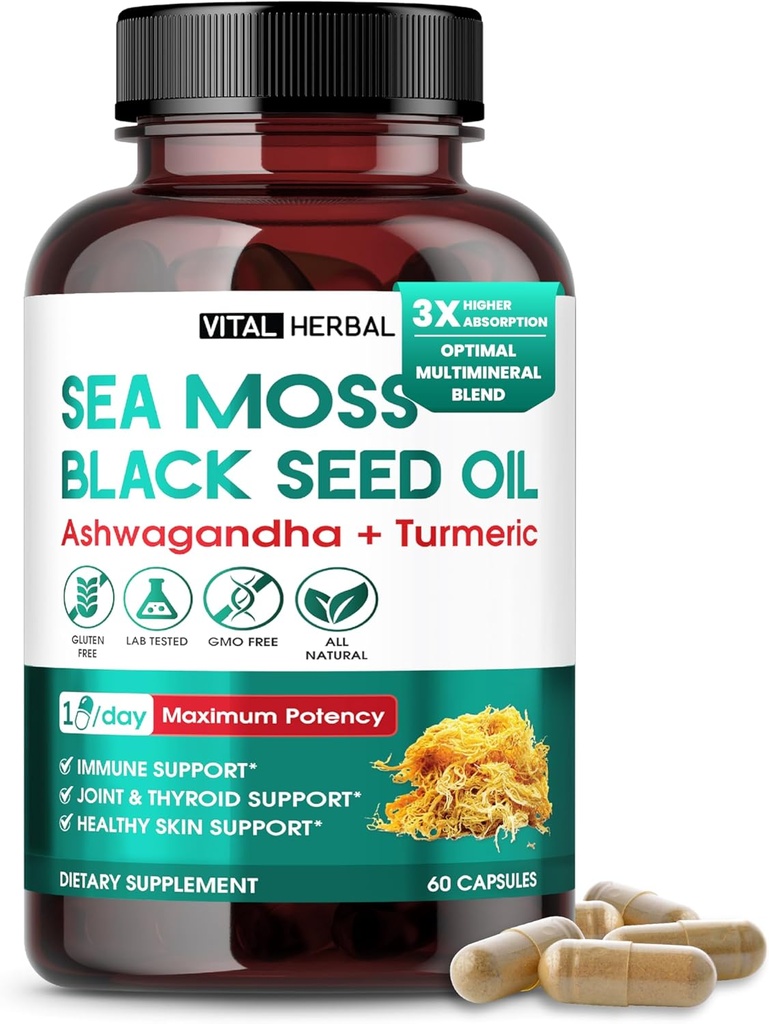 Mousse de mer à l'huile de graines noires, Ashwagandha, Turmeric & Moringa – Supplément de soutien immunitaire, articulaire et de la peau – 60 capsules – Herbal vital – Lab-Tested, Non-OGM, Fabriqué aux États-Unis