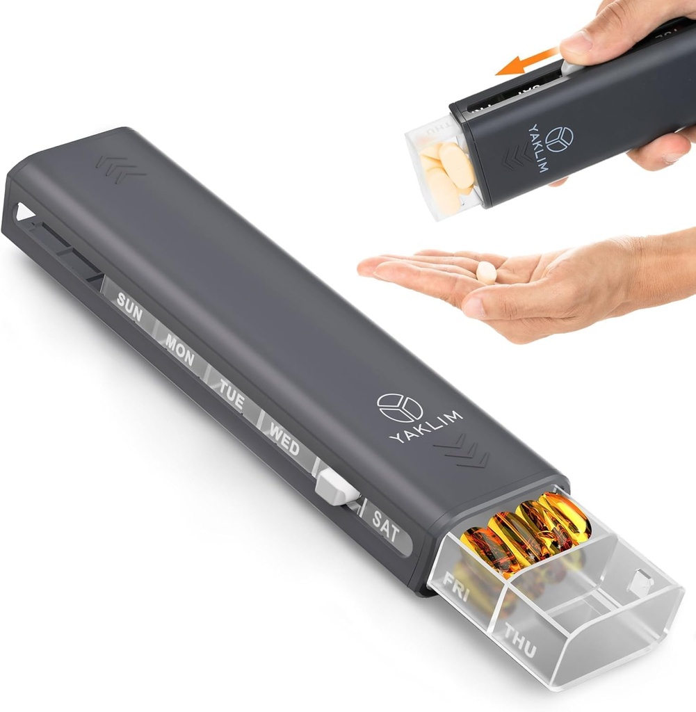 Organisateur hebdomadaire de pilules Yaklim 7 jours, grande boîte à pilules quotidienne compacte Portable cas de pilules de voyage, contenant de pilules pour la vitamine,1 semaine Organisateur de pilules pour tenir la médecine, supplément, huile de poisson (noir)