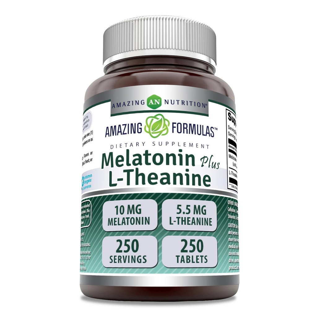 Formules étonnantes Melatonin Plus L-Theanine 10 mg Comprimés Suppléments de non-OGM , sans gluten , Fabriqués aux États-Unis (10 mg, 250, Compte)