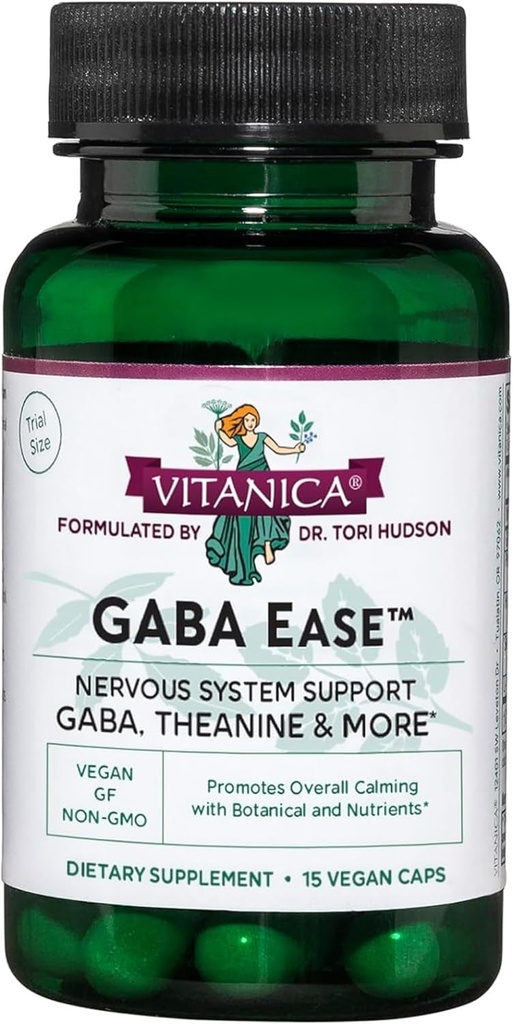 Vitanica GABA Ease - Supplément GABA & L-Theanine pour la détente et le calme - Supplément santé des femmes avec GABA, Passionflower, Hop, Skullcap & L-Theanine - Ligne de consommation - 15 Caps végétaliens