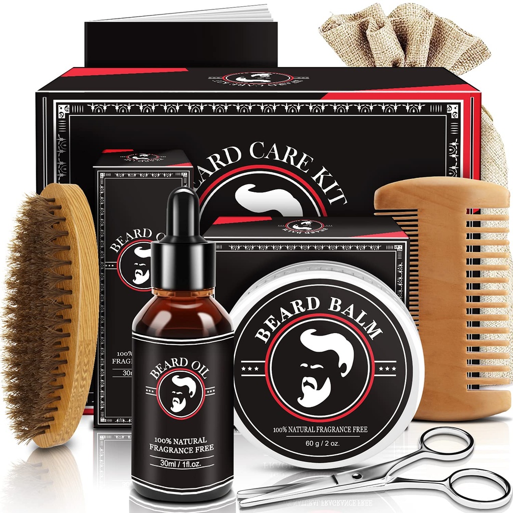 Fête des Pères Cadeaux de papa, Kit de barbe pour les hommes, Kit de croissance et de grooming avec/Huile de barbe Baume de barbe Brosse de barbe Ciseaux de barbe, Cadeaux d'anniversaire pour les hommes