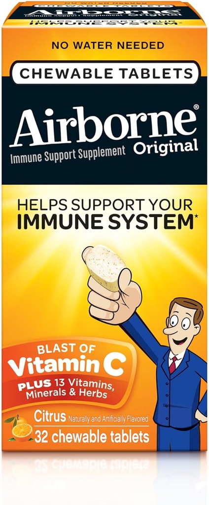 Comprimés à mâcher 1000mg de vitamine C avec du zinc, supplément de soutien immunitaire avec des antioxydants puissants Vitamines A C & E - 32 Comprimés à mâcher, Arôme d'agrumes