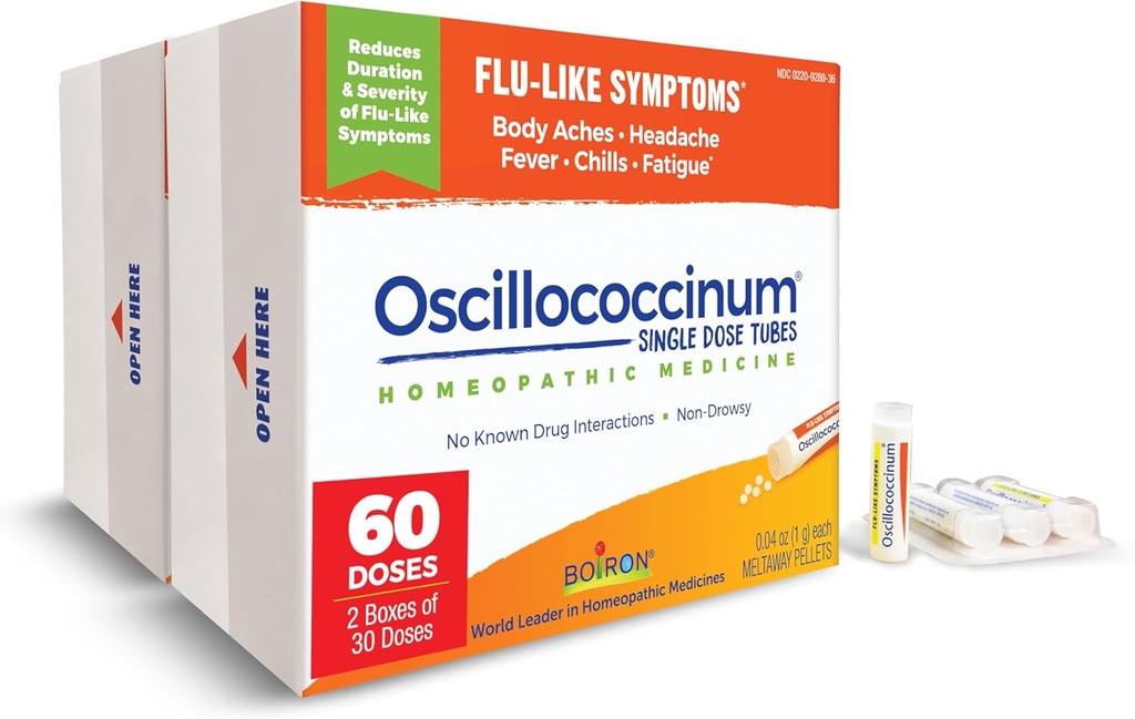 Boiron Oscillocicinum pour soulager les symptômes de la grippe comme les douleurs corporelles, les maux de tête, la fièvre, les frissons et la fatigue - 60 doses (paquet de 2)