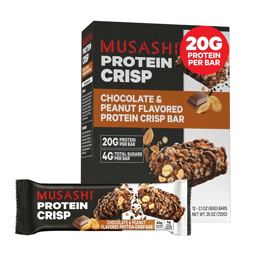 MUSASHI Protein Crisp Bar, 20g de protéines, 4g de sucres totaux, chocolat et arachide, après l'entraînement et snack sur le go, 12 pack de 2,1 oz (60g) barres