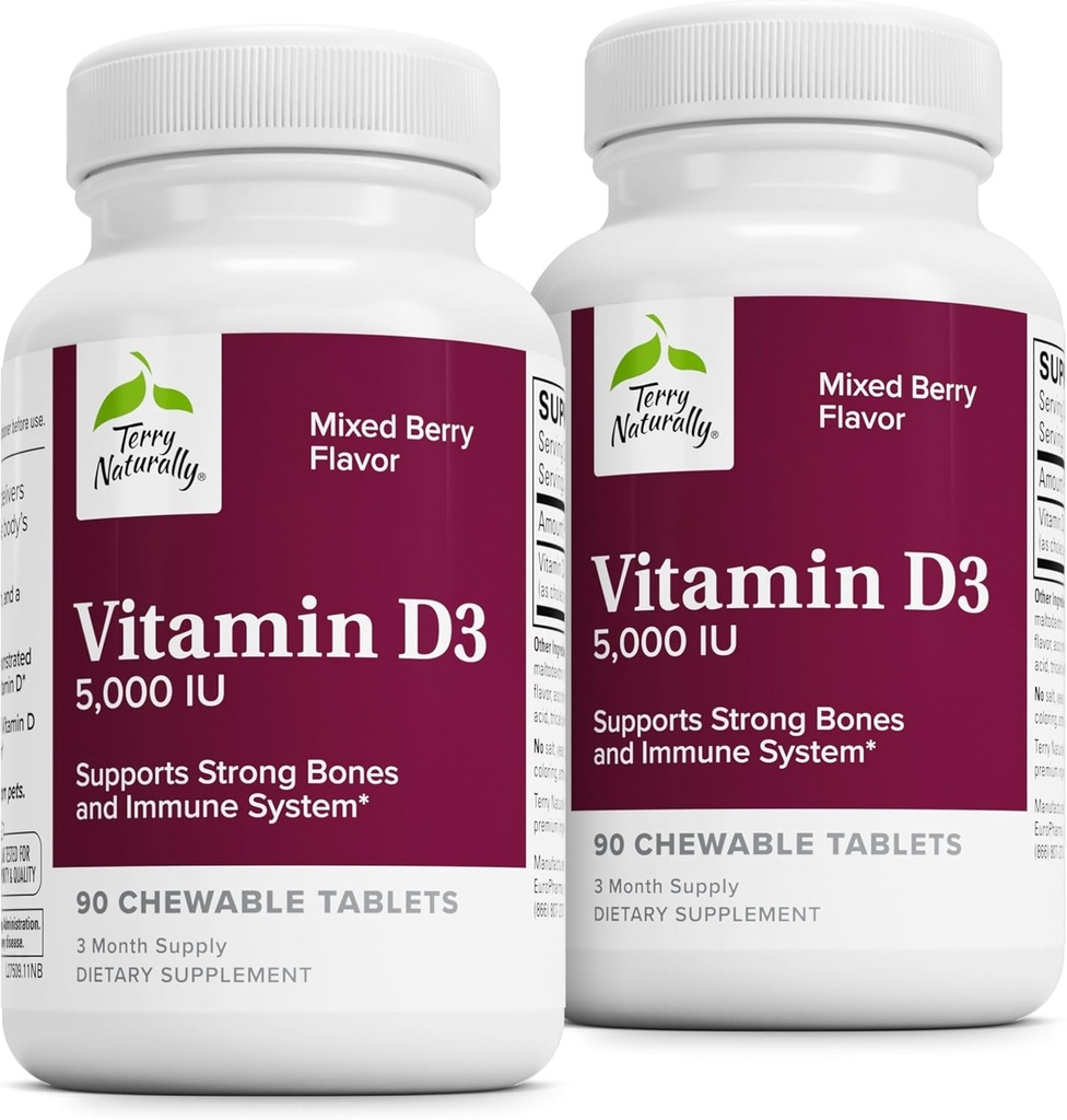 Terry Naturally Vitamin D3 - Bone Health & Bone Strength Support Supplement - Immune System & Brain Support - 5,000 IU Vitamin D Tablets with Mixed Berry Flavor - 90 Chewable Tablets (Pack of 2)