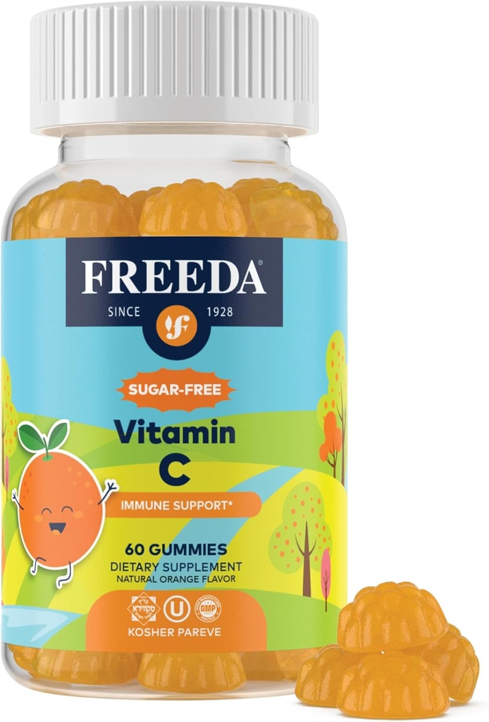 FREADA Vitamine C Gummies Vitamine C enfants - Enfants sans sucre VIT C Gummy Chewable pour adultes, adolescents et enfants - Certifié Kosher, Delicious Orange Flavor, Zero Sugar Immune Support Supplément (60 Ct)