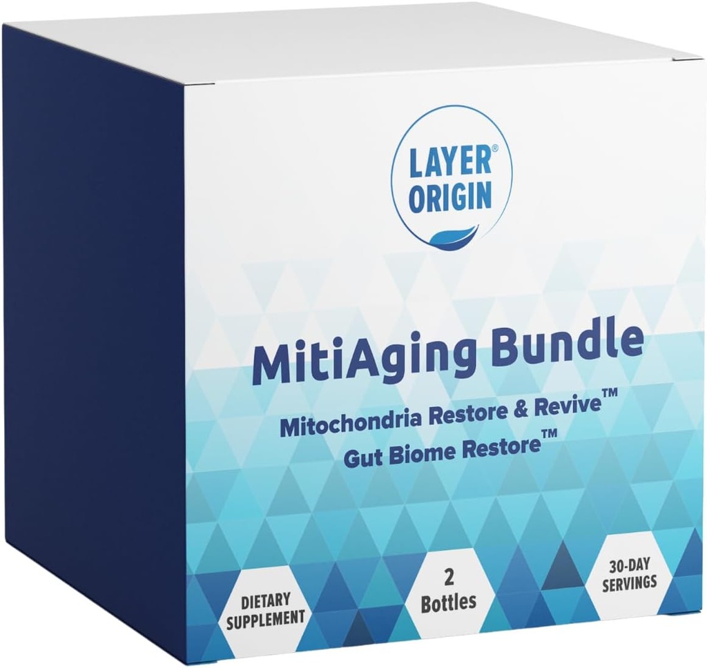 Origine de la couche MitiAging Bundle, Anti-Aging 2-Bottle Pack: Gut Biome Restore et Mitochondria Revive - Boost Cellular Health Naturellement, 30 jours d'approvisionnement