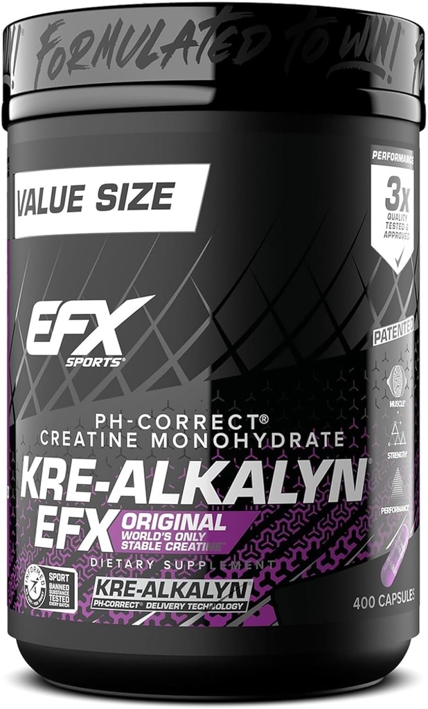 EFX Sports Kre-Alkalyn EFX | pH Correct Creatine Monohydrate Pill Supplement | Strength, Muscle Growth & Performance | 200 Servings, 400 Capsules