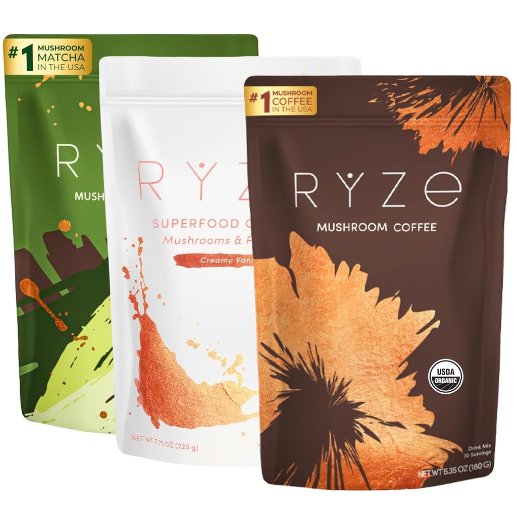 RYZE SUPERFOODS Ultimate Energy Bundle, USDA Bio Mushroom Coffee & Mushroom Matcha + Probiotique Creamer avec 6 champignons Adaptogènes pour une meilleure énergie, Focus, Digestion, Immunité, 30 servir chacun