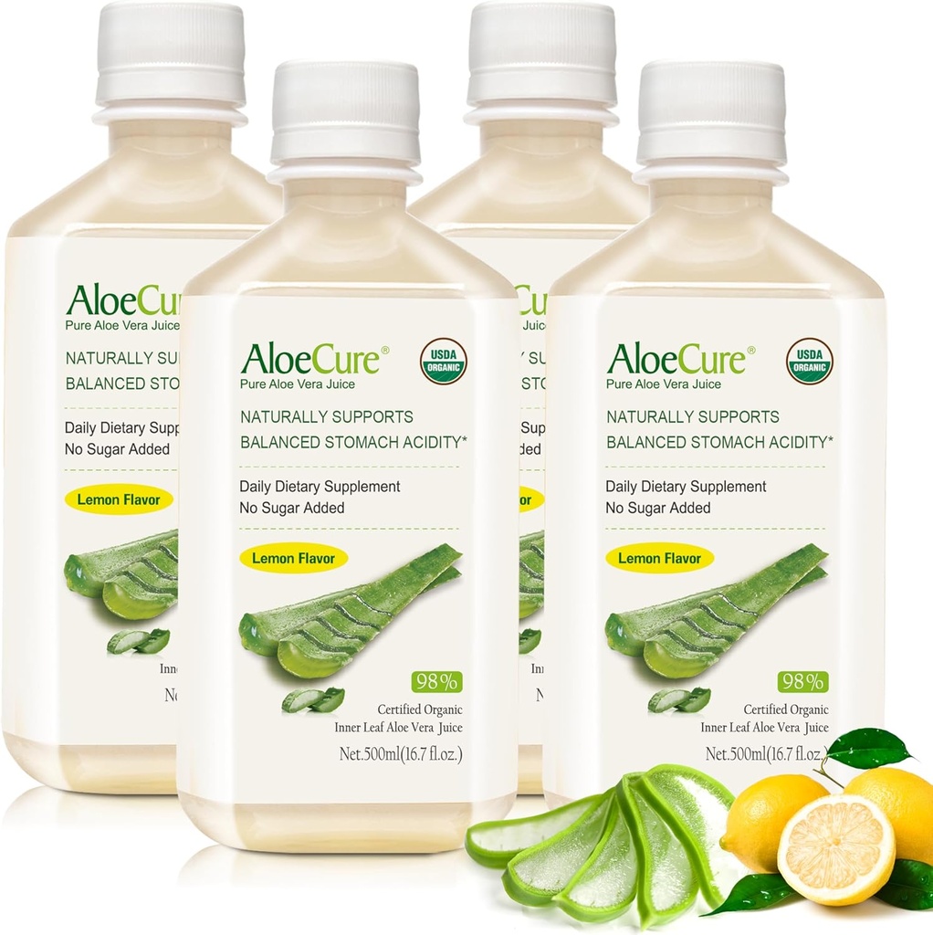 AloeCure USDA Organic Aloe Vera Juice Lemon Flavor - Made Within 12 Hours of Harvest - Natural Digestive Supplement for Balanced Stomach Acidity - Support Digestive and Immune Health, 4 Btls x 16.7oz
