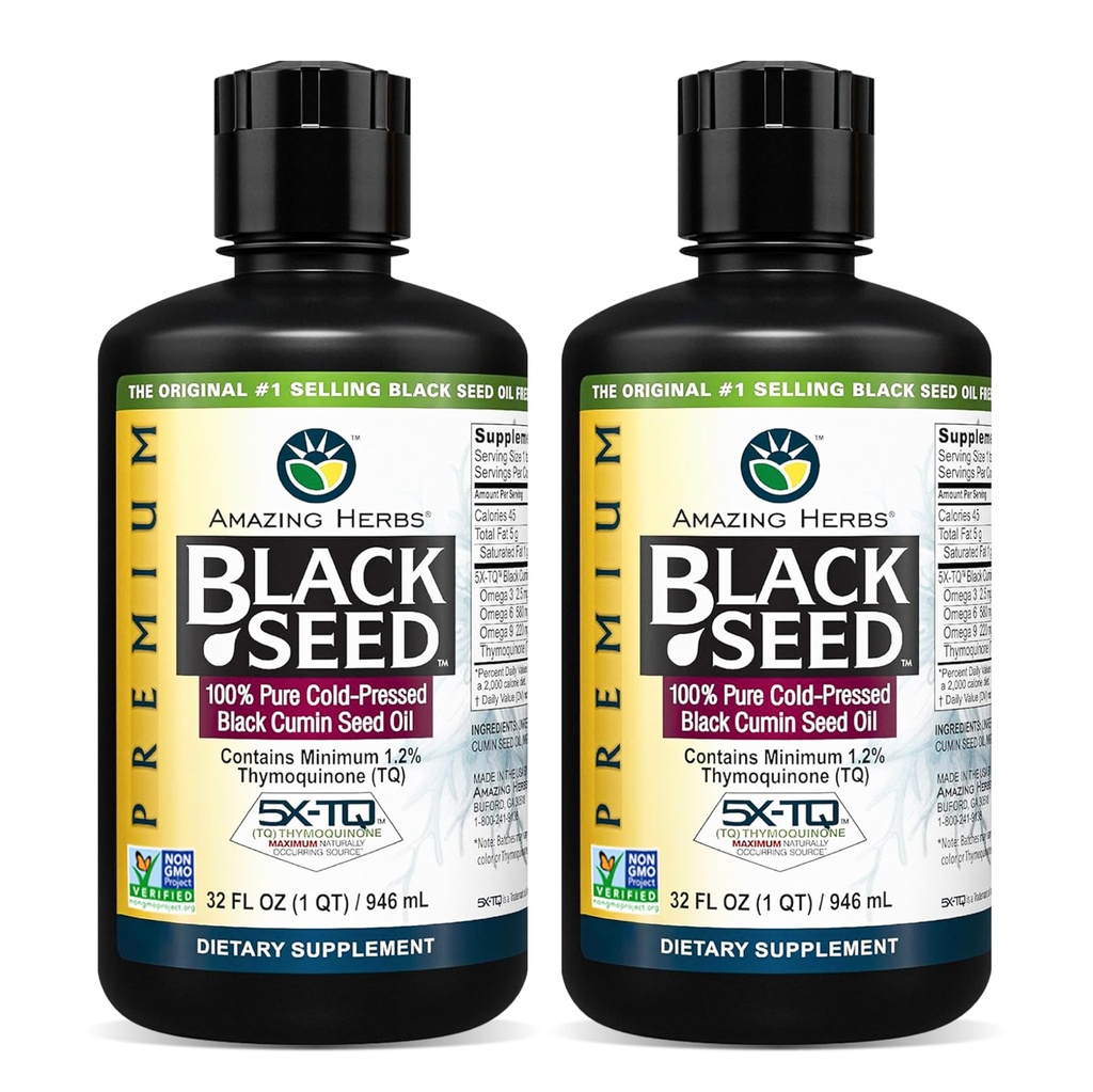 Amazing Herbs Premium Huile de Graine Noire - Nigella Sativa pressée froide Aides dans la santé digestive, le soutien immunitaire, la fonction cérébrale, la mobilité articulaire, sans gluten, non OGM - 32 Fl Oz (paquet de 2)