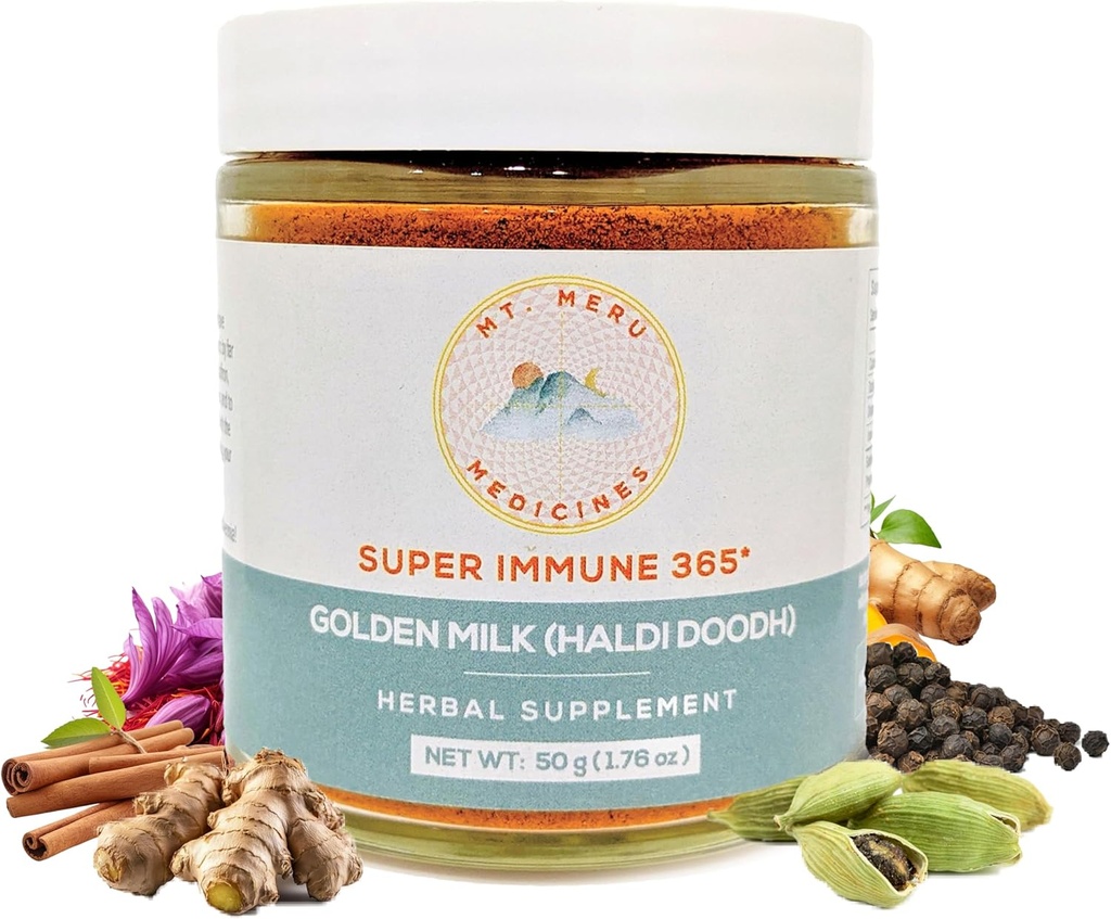 Mt.Meru Médicaments ayurvédiques Haldi Doodh/Lait d'or Superblend- avec formule de stimulation immunitaire, sans gluten, pour la santé du cerveau, Gut Support avec haut Curcumin Lakadong Turmeric (1.76oz/50g)