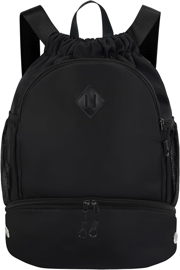 Sac à dos drawstring Gym Sac à dos avec compartiment de chaussures pour hommes Femmes Sac de sport à cordes avec poche humide Cinch Sac de plage, noir (brevet en attente)